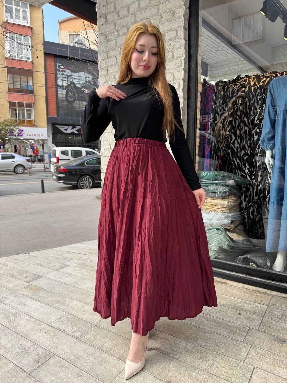 Kadın Beli Lastikli Rahat Kraş Etek Bordo
