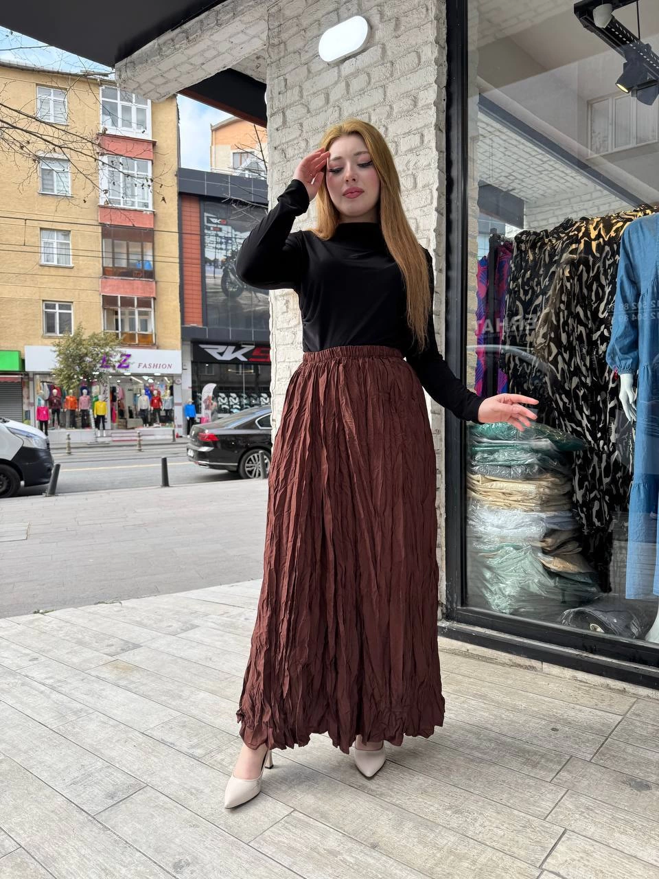 Kadın Beli Lastikli Rahat Kraş Etek Kahve