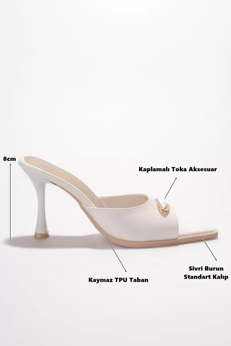 Skaxen Premium Beyaz Rugan Sivri Burun 8 cm İnce Topuklu Abiye Terlik