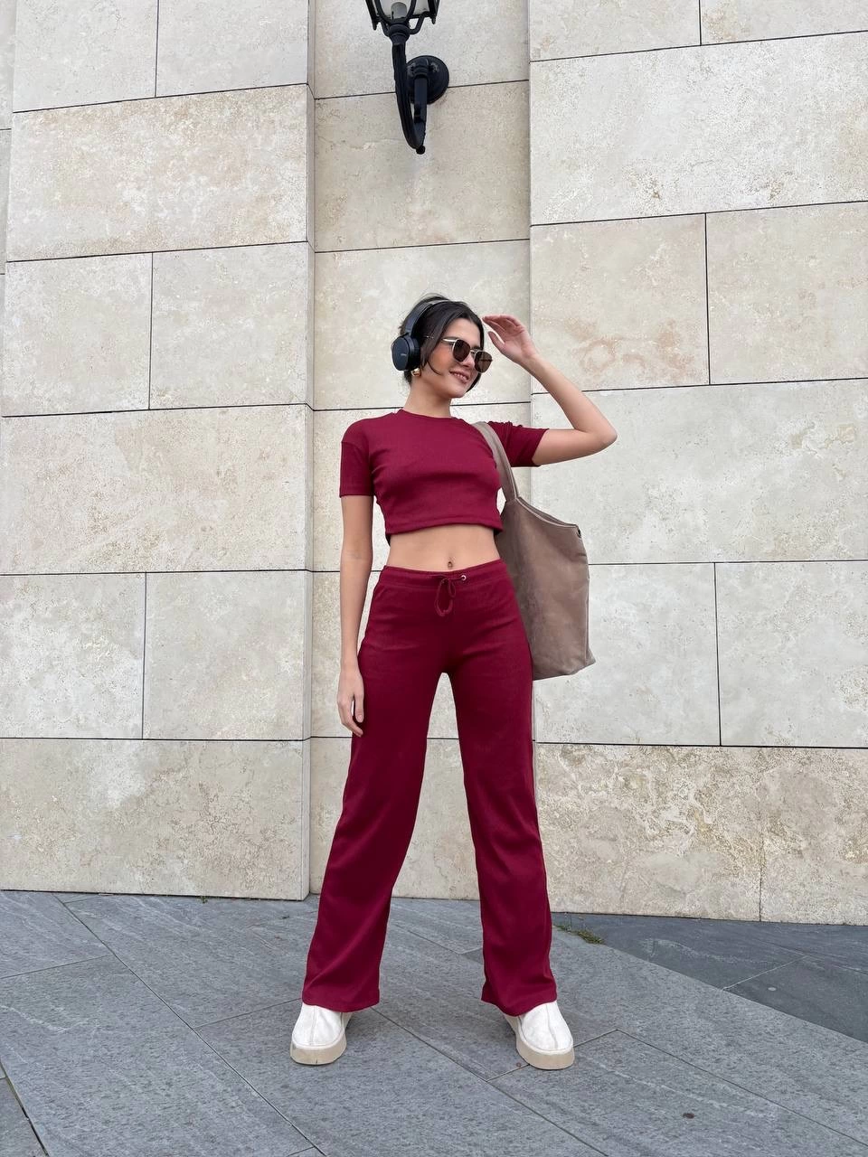 Women's Burgundy Crop Wide Leg Trousers Top and Bottom Set