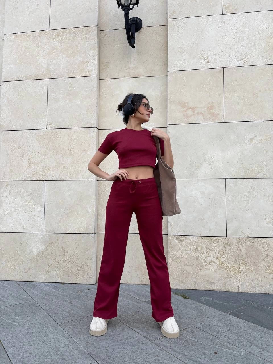 Women's Burgundy Crop Wide Leg Trousers Top and Bottom Set