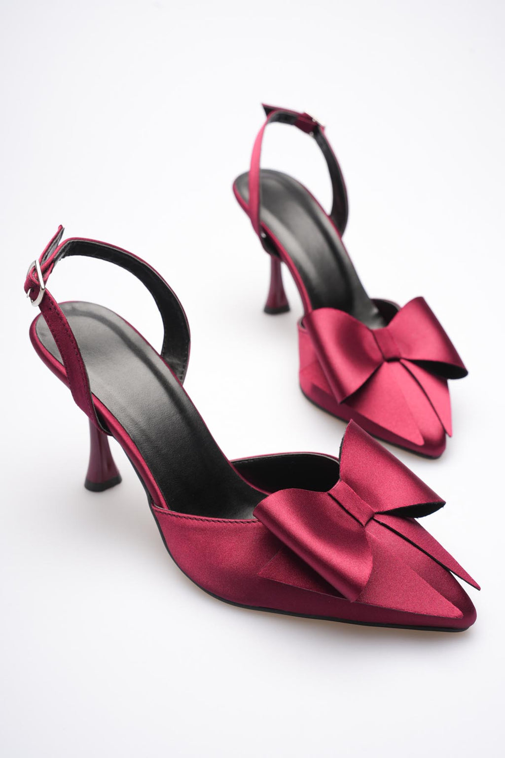 Dublin Premium Bordo Fiyonklu Saten Slingback Topuklu Ayakkabı