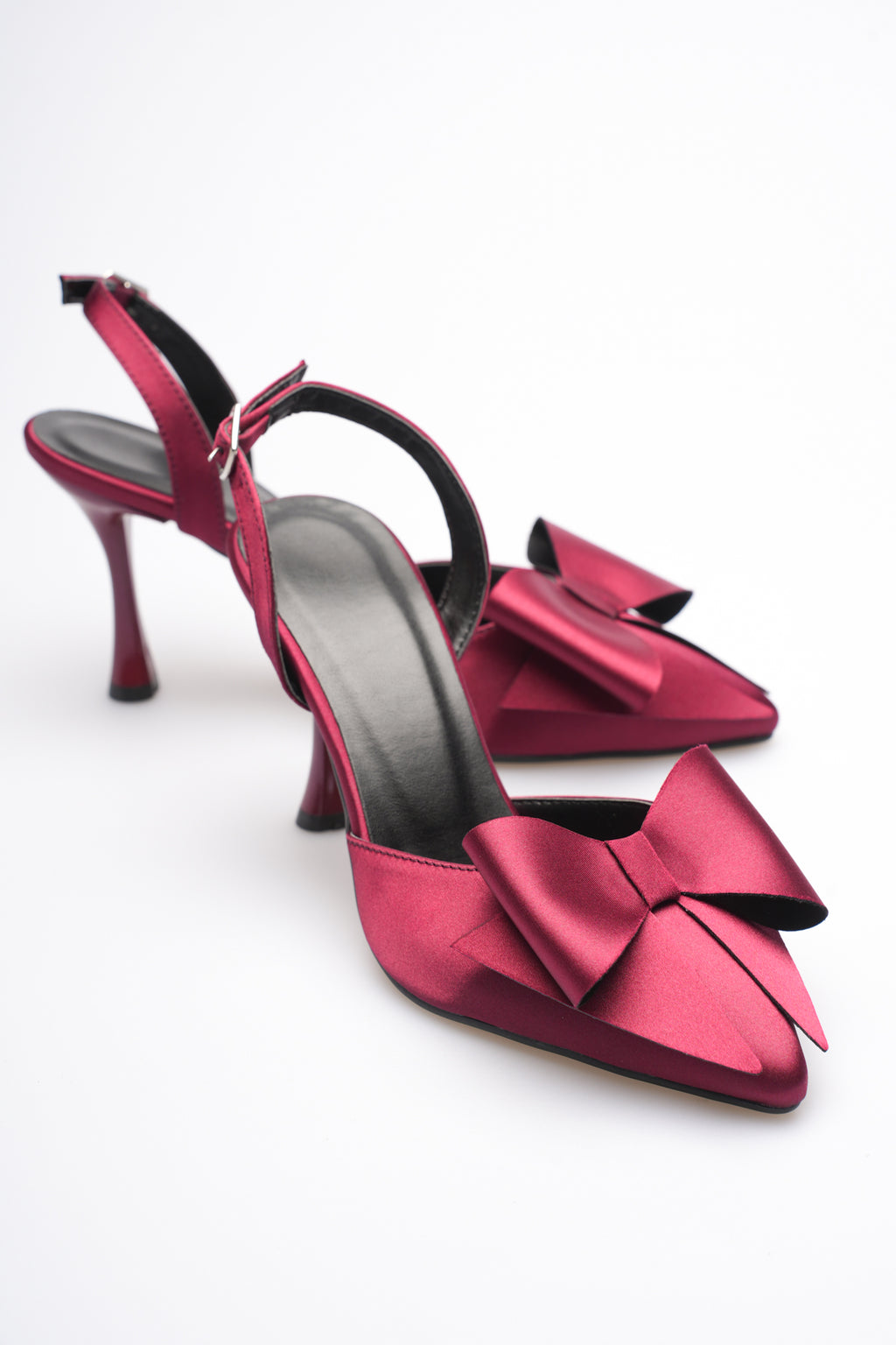 Dublin Premium Bordo Fiyonklu Saten Slingback Topuklu Ayakkabı