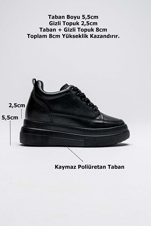 Alexis Premium 8 cm Gizli Topuk Siyah Kadın Spor Ayakkabı