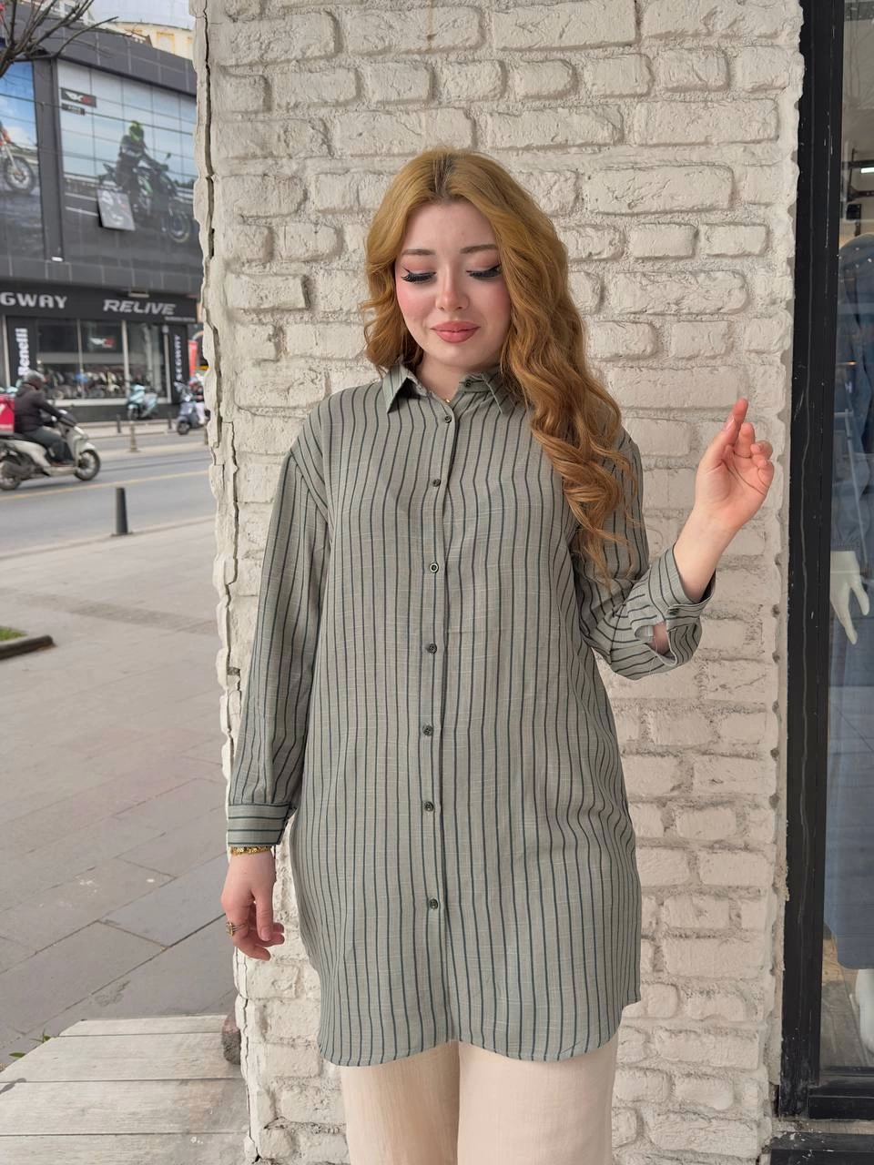 Women's Khaki Striped Shirt Tunic
