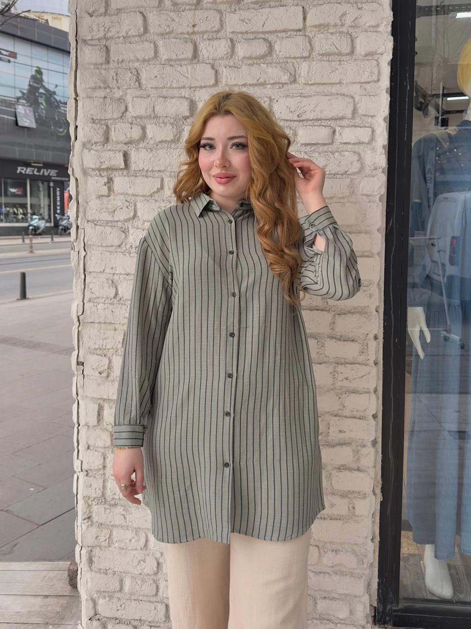 Women's Khaki Striped Shirt Tunic