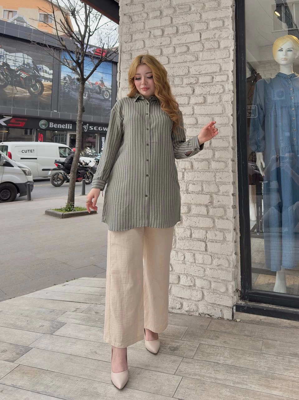 Women's Khaki Striped Shirt Tunic
