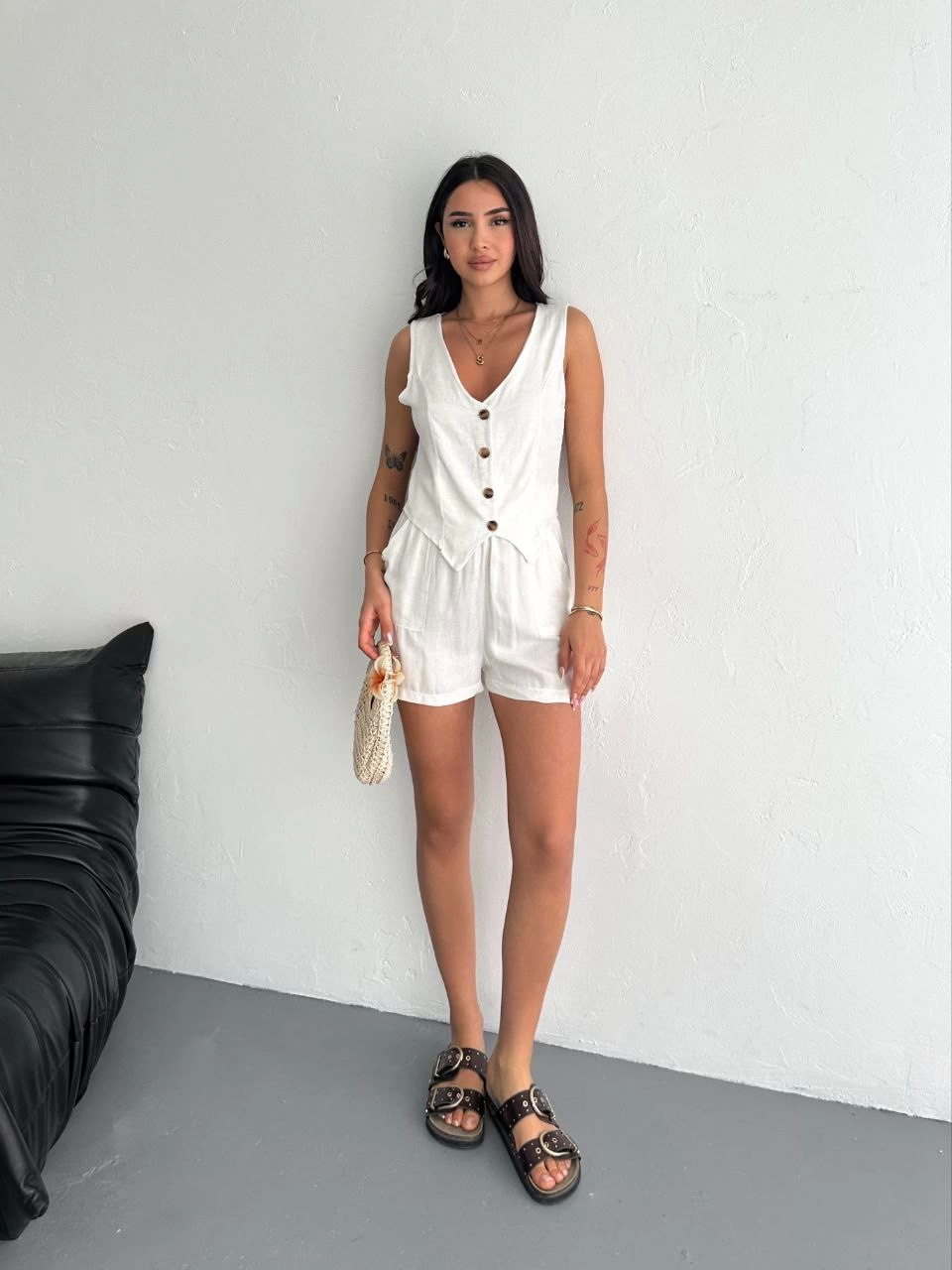 Women's Linen Shorts Vest Set Cream