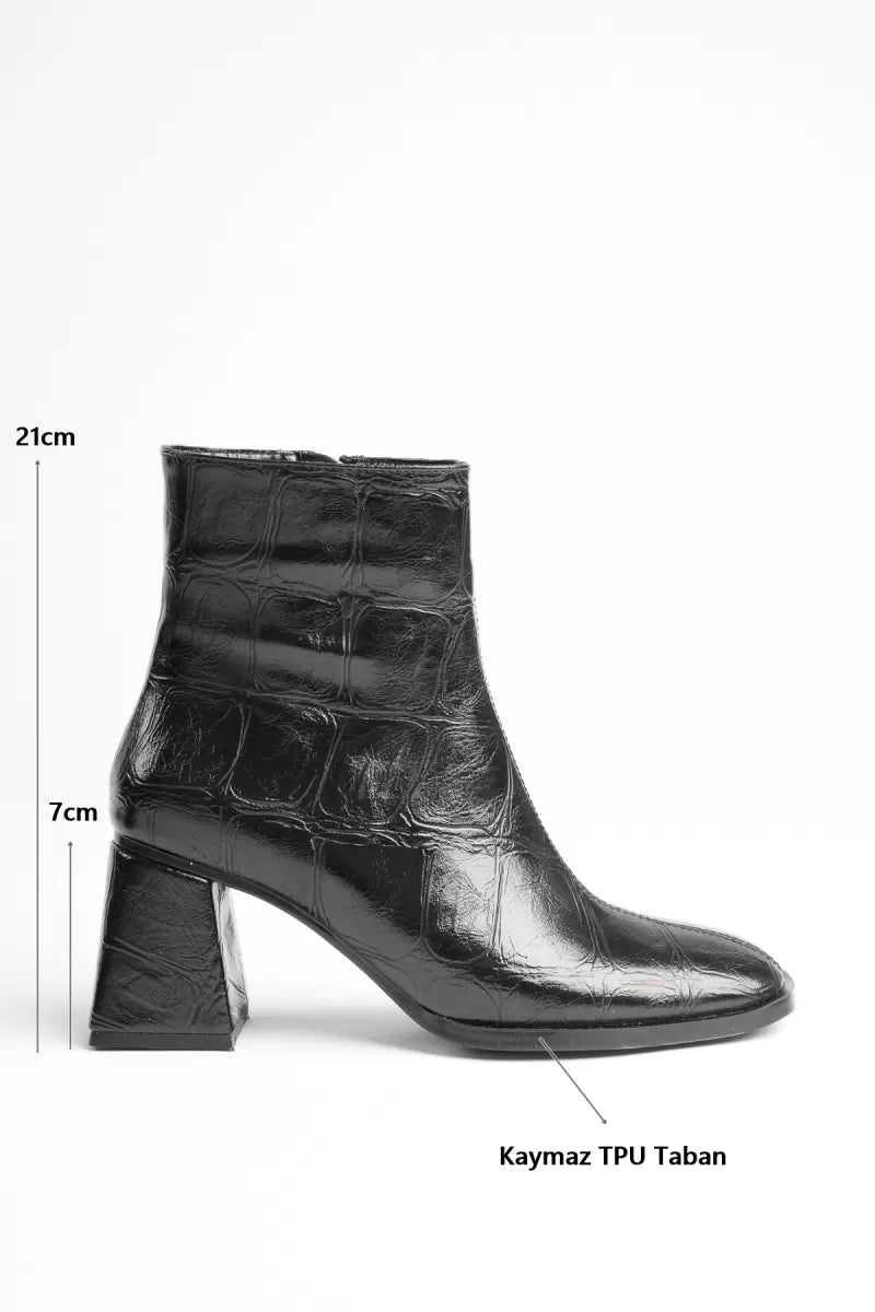 ZRT08MK03 Premium Kadın Kroko Siyah Kışlık 7 cm Kalın Topuklu Bot