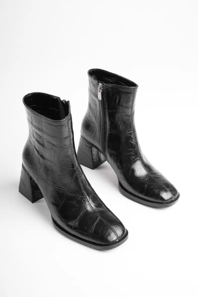 ZRT08MK03 Premium Kadın Kroko Siyah Kışlık 7 cm Kalın Topuklu Bot