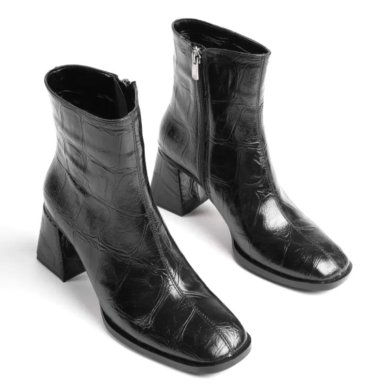 ZRT08MK03 Premium Kadın Kroko Siyah Kışlık 7 cm Kalın Topuklu Bot