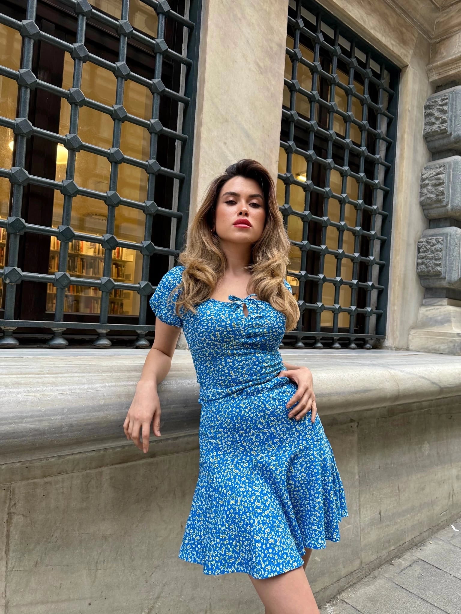 Women's Blue Floral Patterned Short Sleeve Two Piece Set