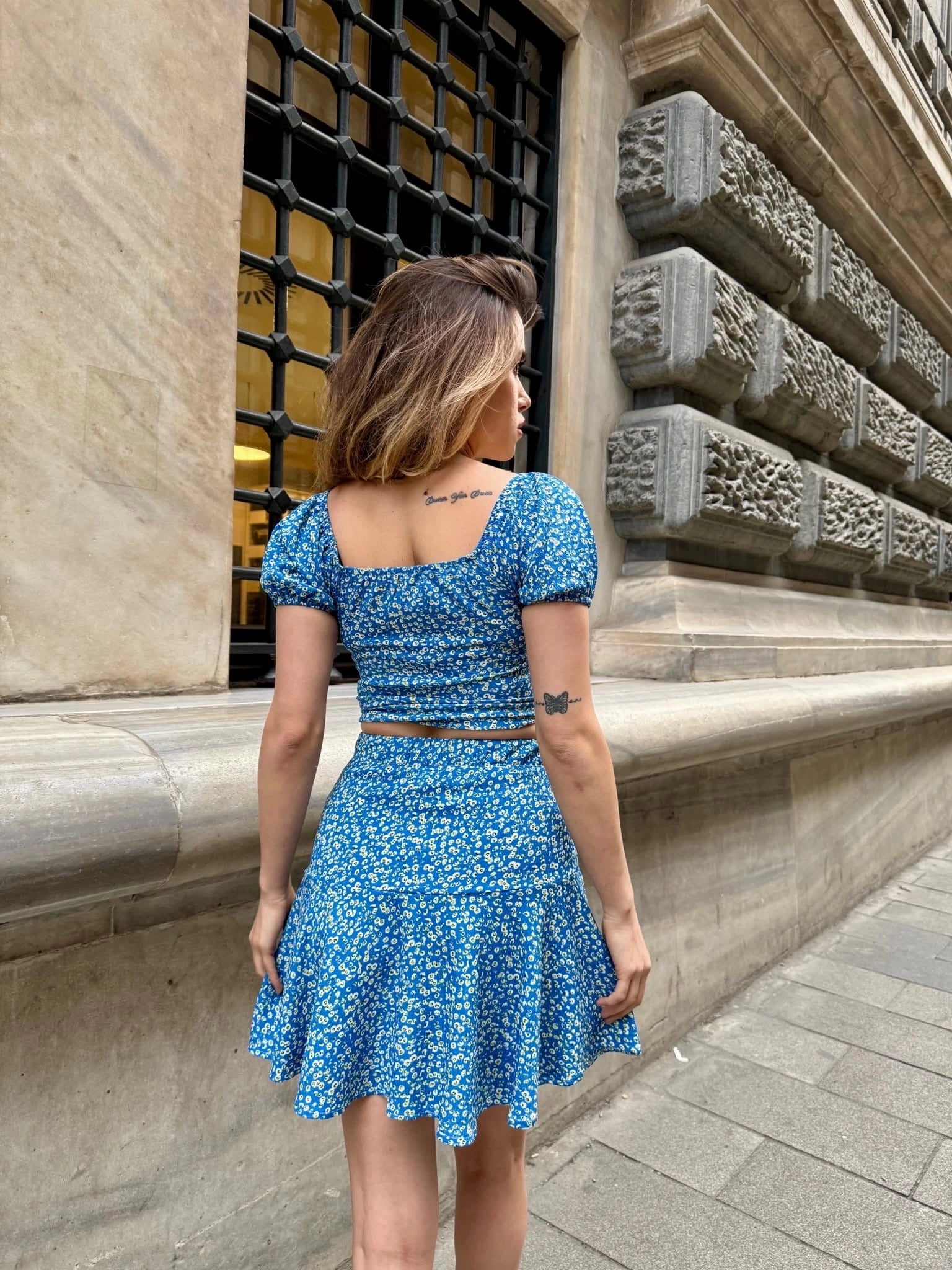 Women's Blue Floral Patterned Short Sleeve Two Piece Set