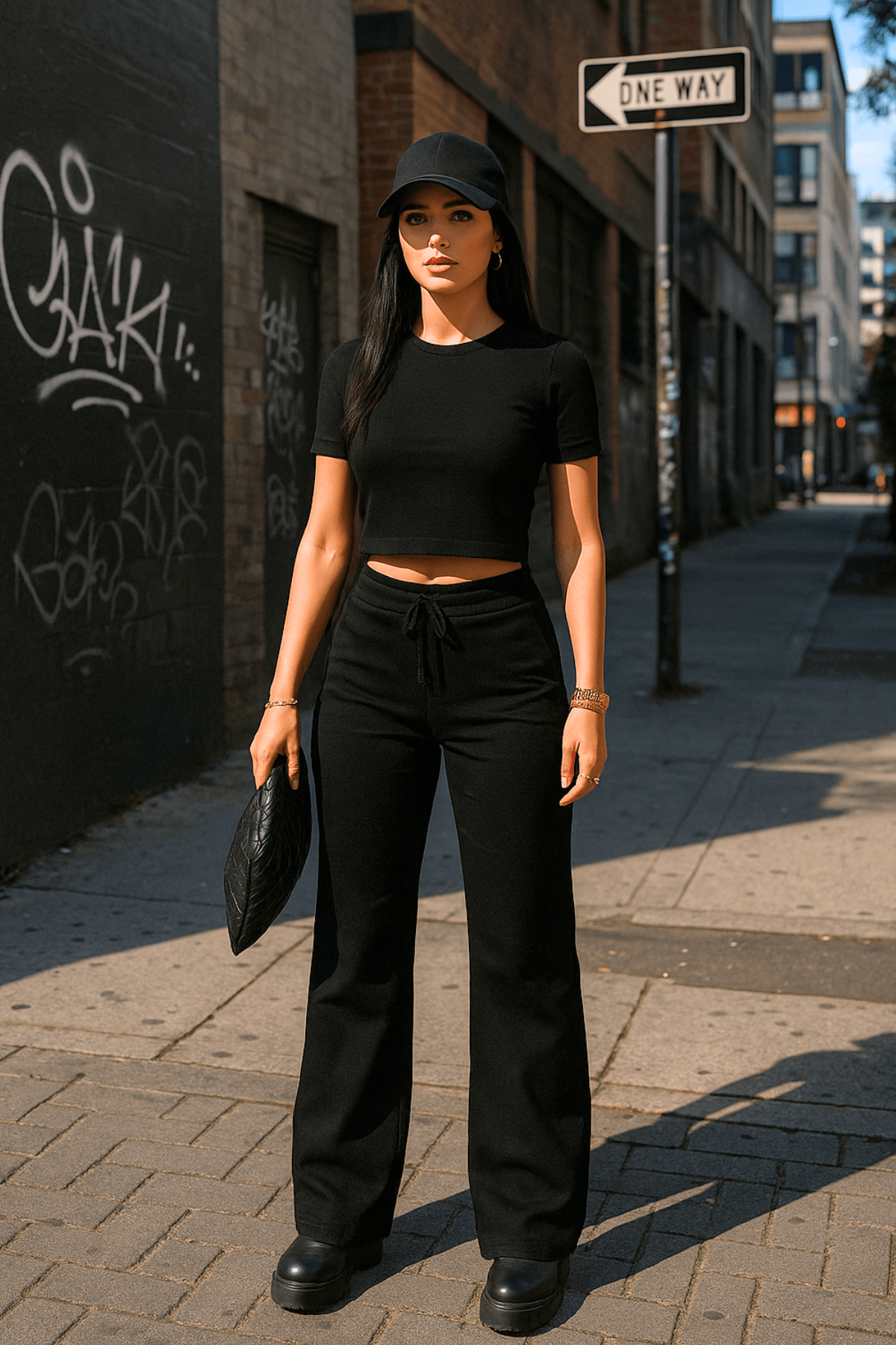 Women's Black Crop Wide Leg Trousers Top and Bottom Set