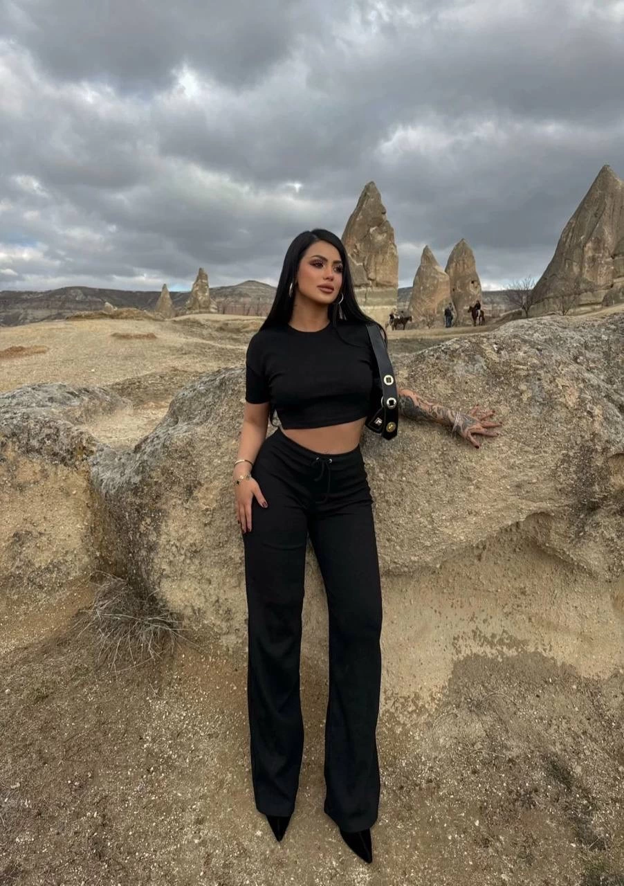 Women's Black Crop Wide Leg Trousers Top and Bottom Set