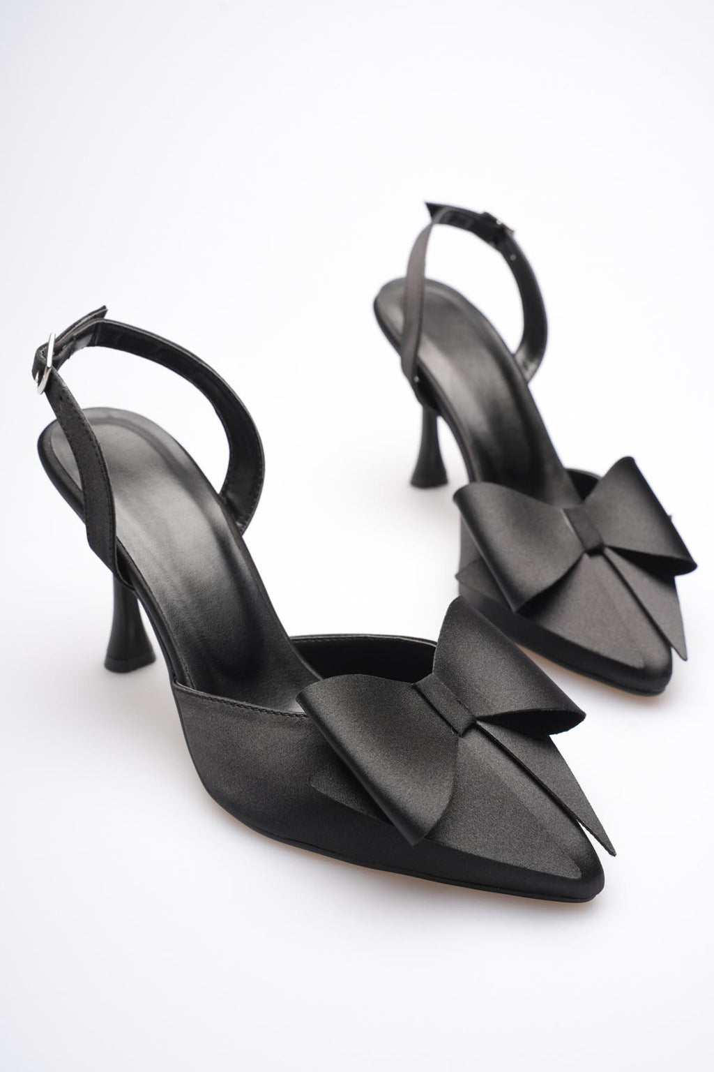 Dublin Premium Siyah Fiyonklu Saten Slingback Topuklu Ayakkabı
