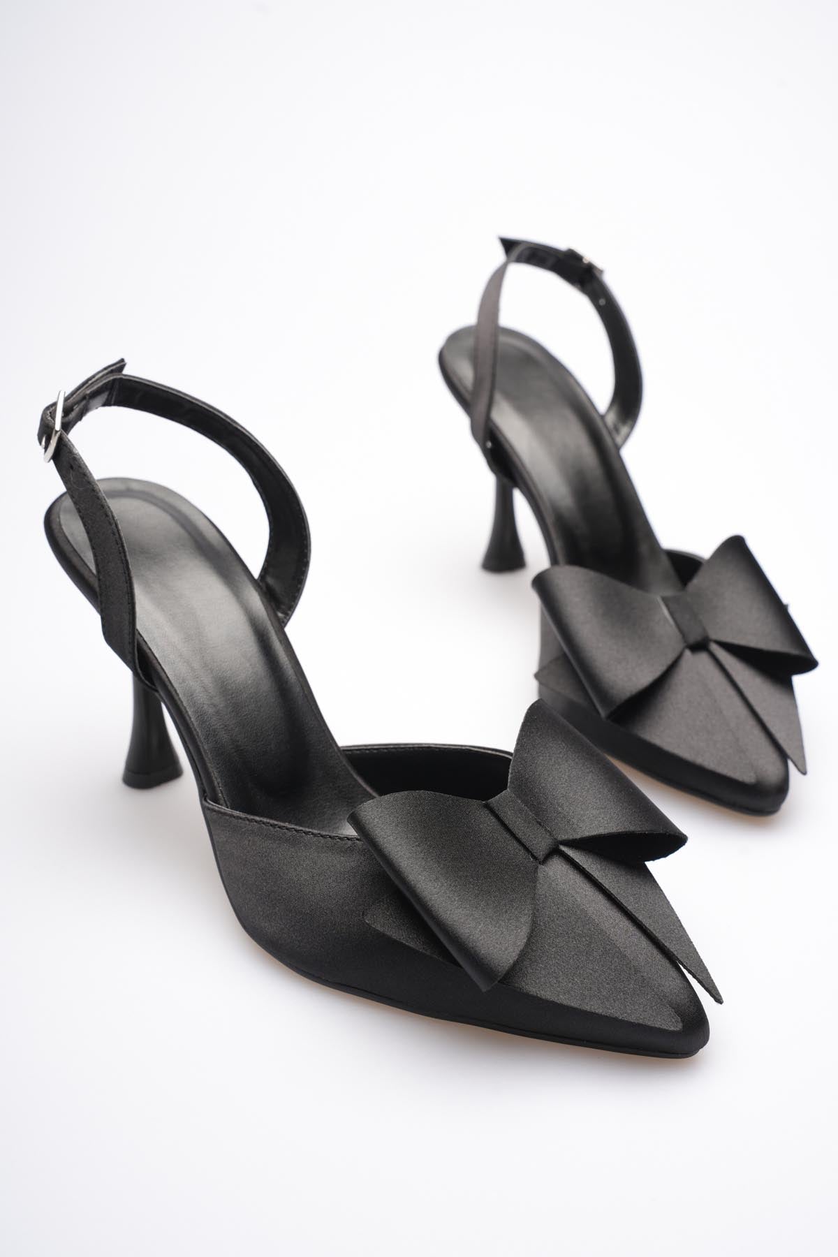 Dublin Premium Siyah Fiyonklu Saten Slingback Topuklu Ayakkabı