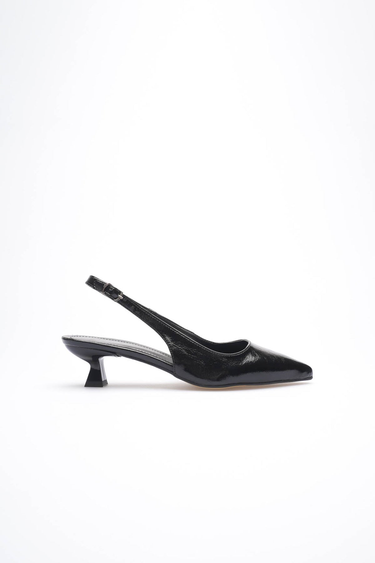 Weimar Premium Siyah Kırışık Rugan Sivri Burun Slingback Kısa Topuklu Ayakkabı