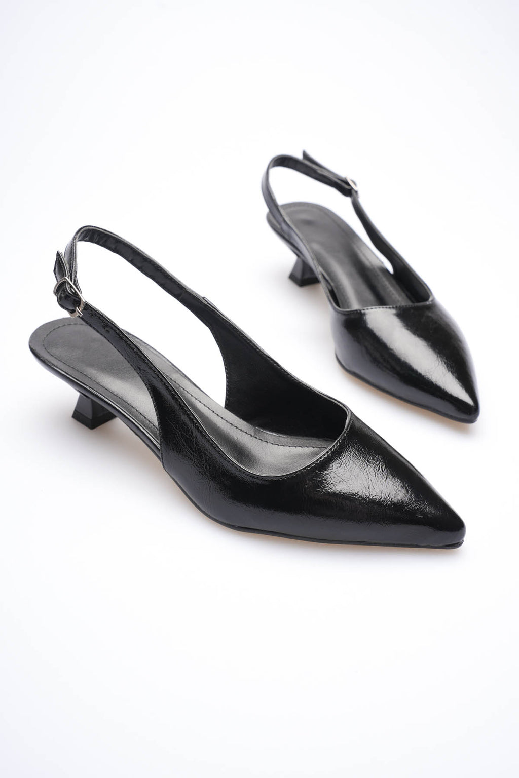 Weimar Premium Siyah Kırışık Rugan Sivri Burun Slingback Kısa Topuklu Ayakkabı