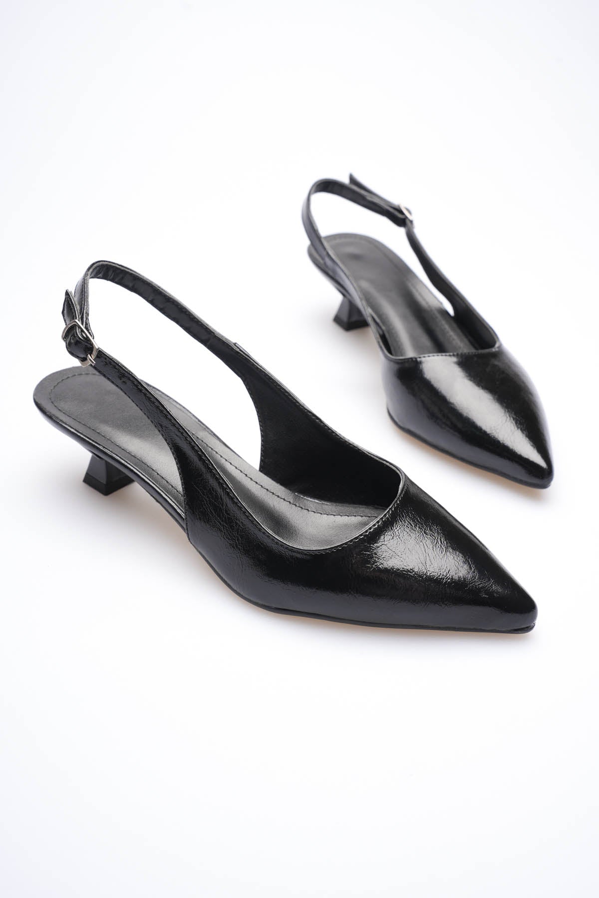 Weimar Premium Siyah Kırışık Rugan Sivri Burun Slingback Kısa Topuklu Ayakkabı