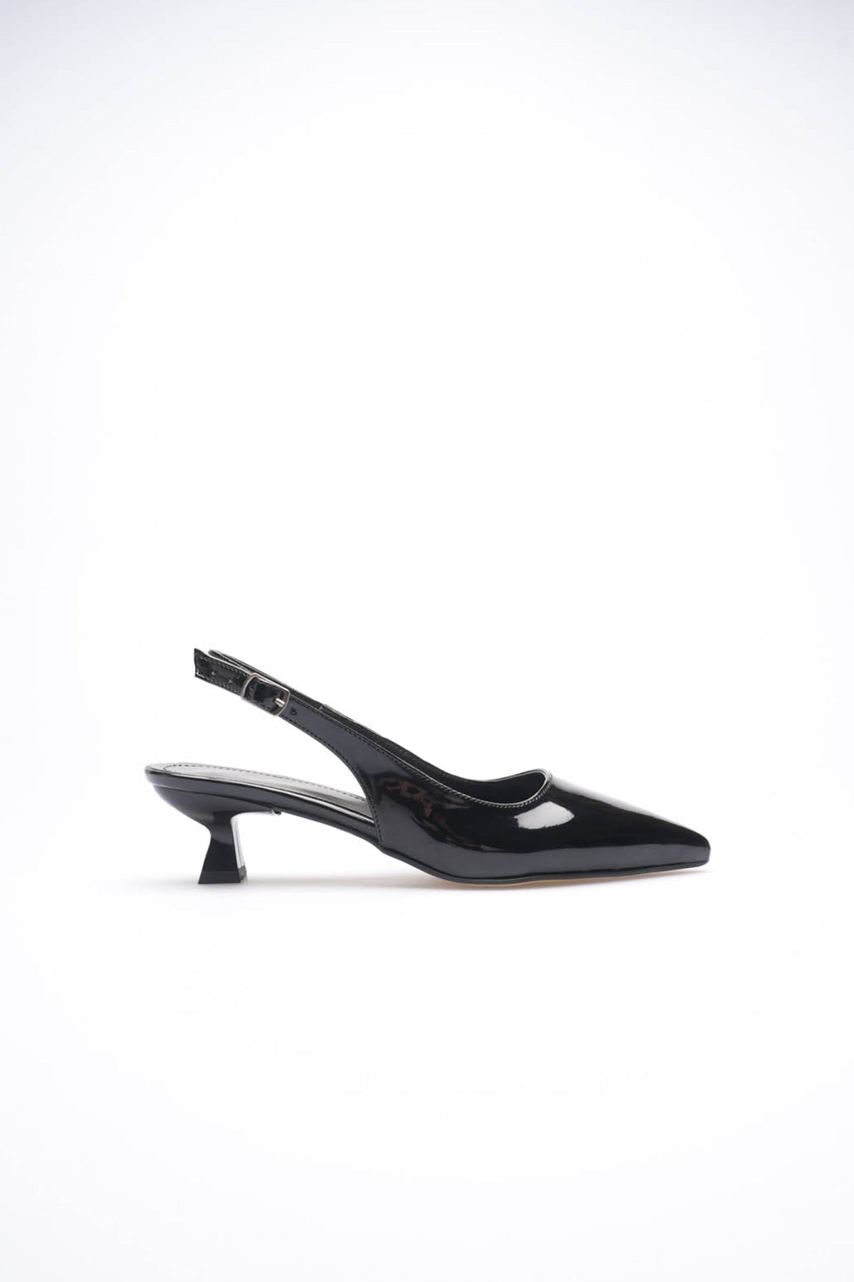Weimar Premium Siyah Rugan Sivri Burun Slingback Kısa Topuklu Ayakkabı