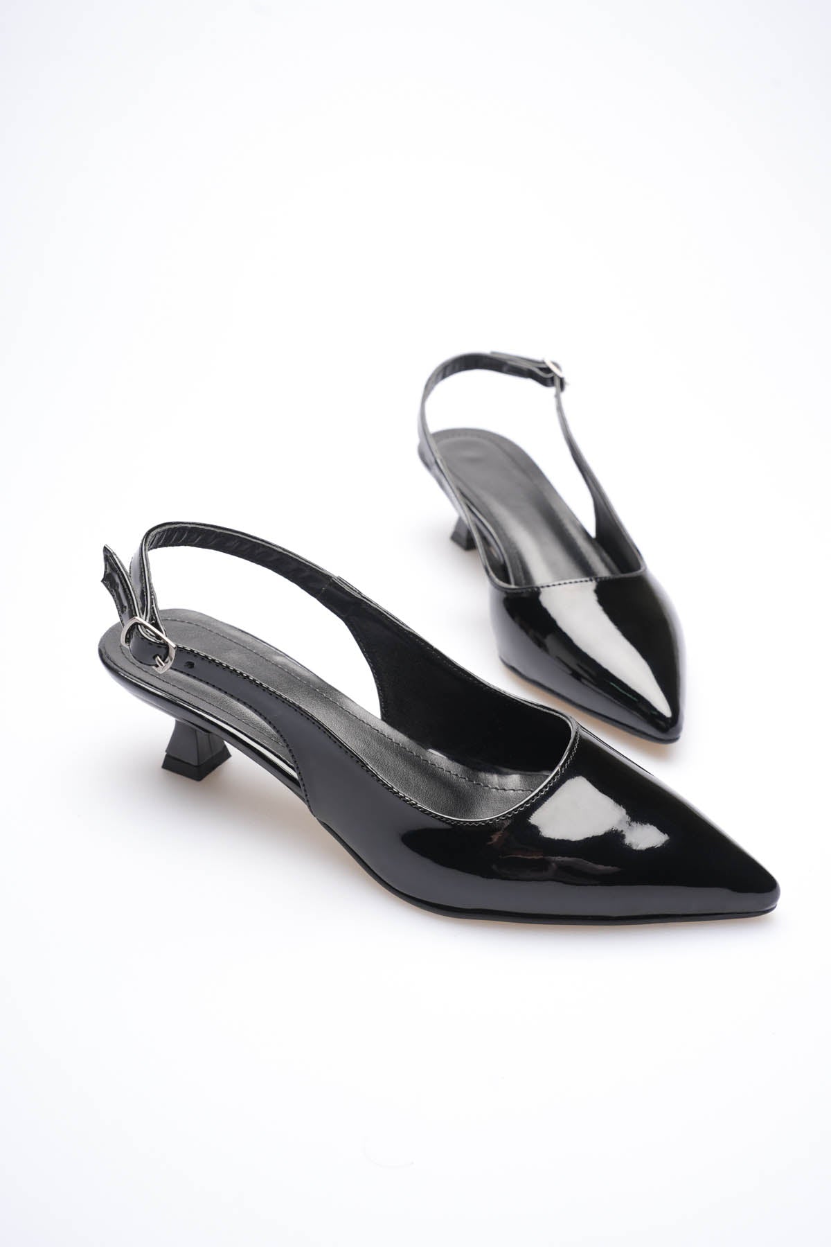 Weimar Premium Siyah Rugan Sivri Burun Slingback Kısa Topuklu Ayakkabı