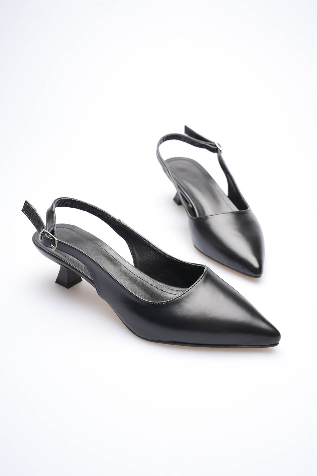 Weimar Premium Siyah Sivri Burun Slingback Kısa Topuklu Ayakkabı