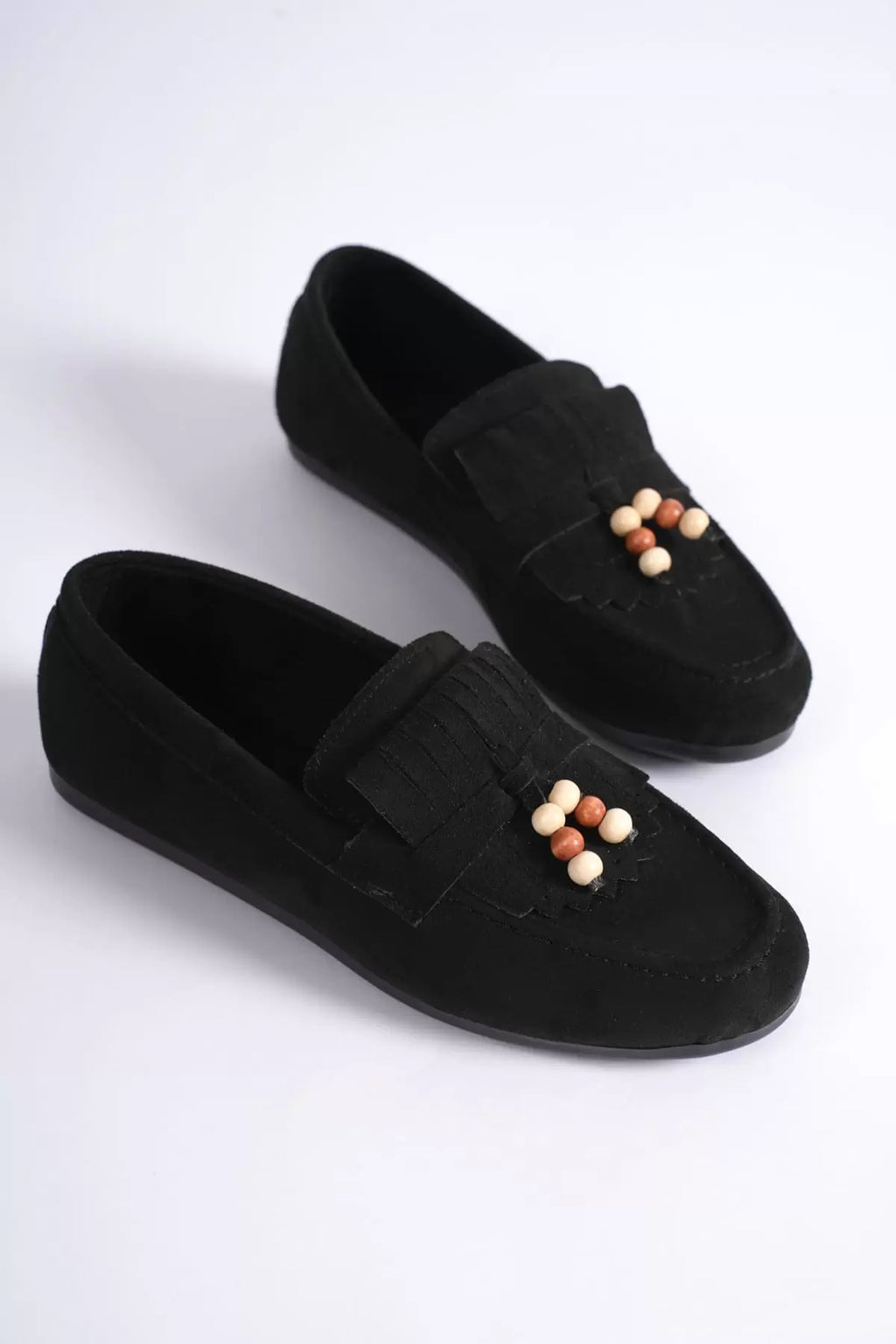 ZR19MS03 Premium Siyah Süet Boncuk Detaylı Püsküllü Günlük Loafer Babet