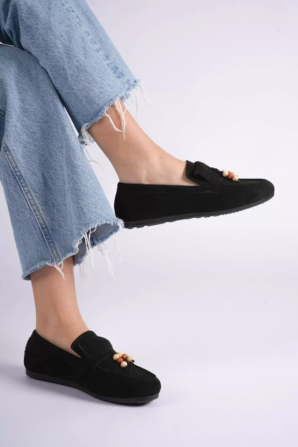 ZR19MS03 Premium Siyah Süet Boncuk Detaylı Püsküllü Günlük Loafer Babet