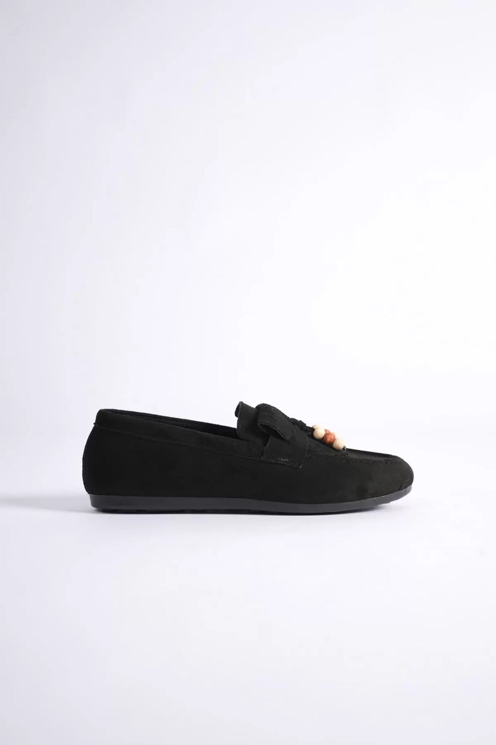 ZR19MS03 Premium Siyah Süet Boncuk Detaylı Püsküllü Günlük Loafer Babet