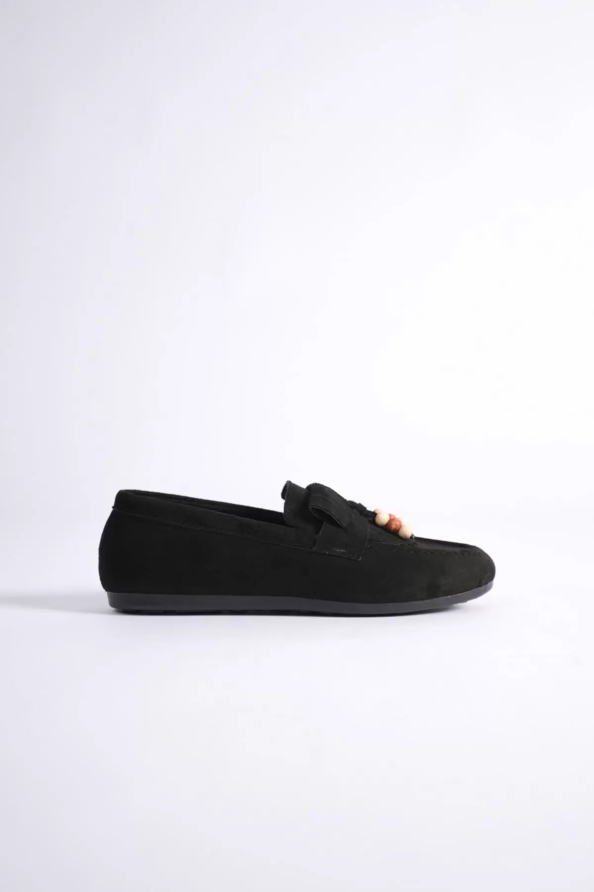 ZR19MS03 Premium Siyah Süet Boncuk Detaylı Püsküllü Günlük Loafer Babet