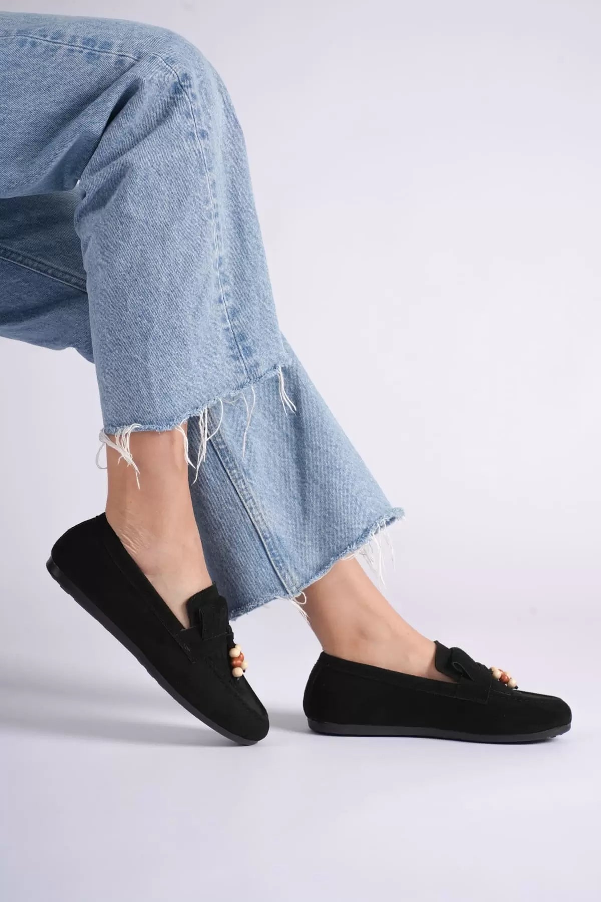 ZR19MS03 Premium Siyah Süet Boncuk Detaylı Püsküllü Günlük Loafer Babet