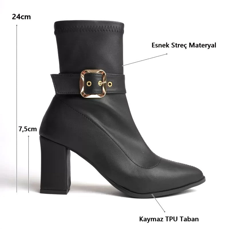ZRT05MK03 Premium Siyah Tokalı 7,5 cm Kalın Topuklu Kışlık Bot