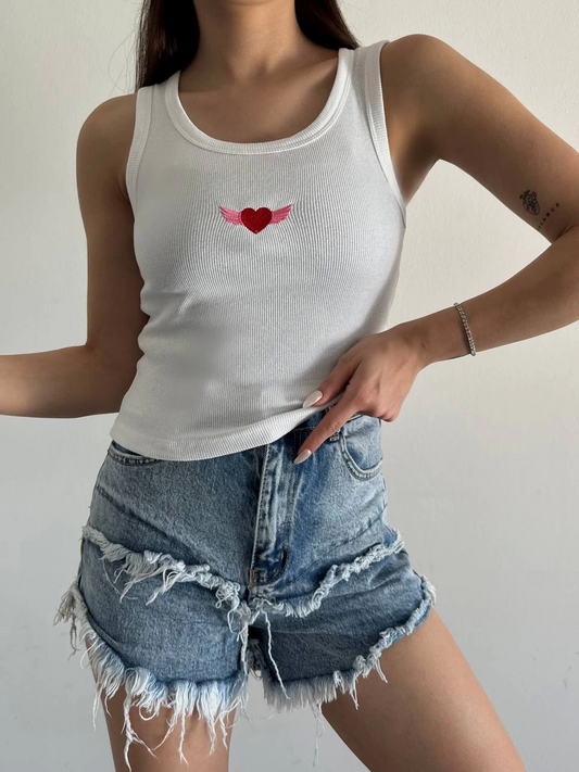 Halter Yaka Kalp Kanatlı Bluz Beyaz