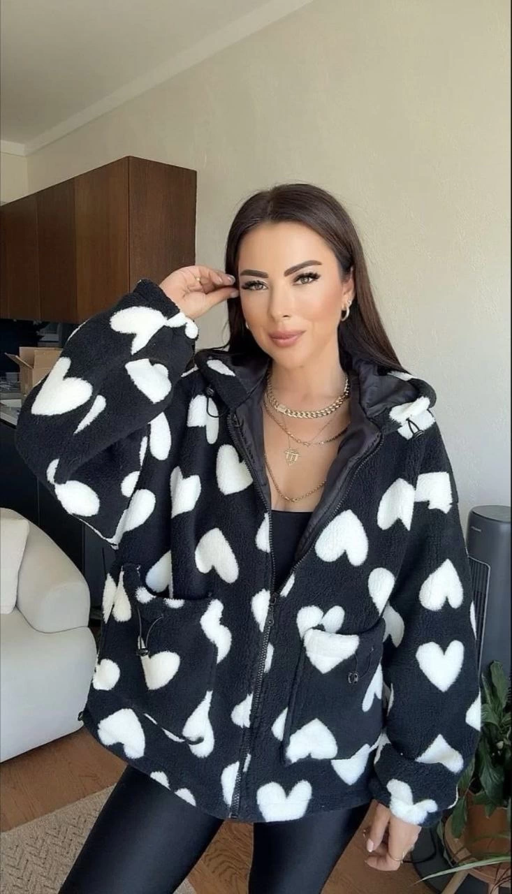 Kalpli Peluş Ceket İçi Astarlı Siyah Beyaz