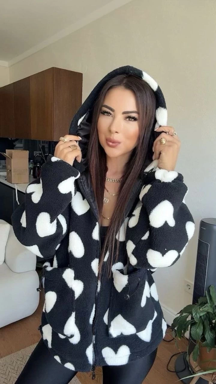 Kalpli Peluş Ceket İçi Astarlı Siyah Beyaz