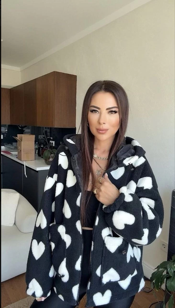 Kalpli Peluş Ceket İçi Astarlı Siyah Beyaz