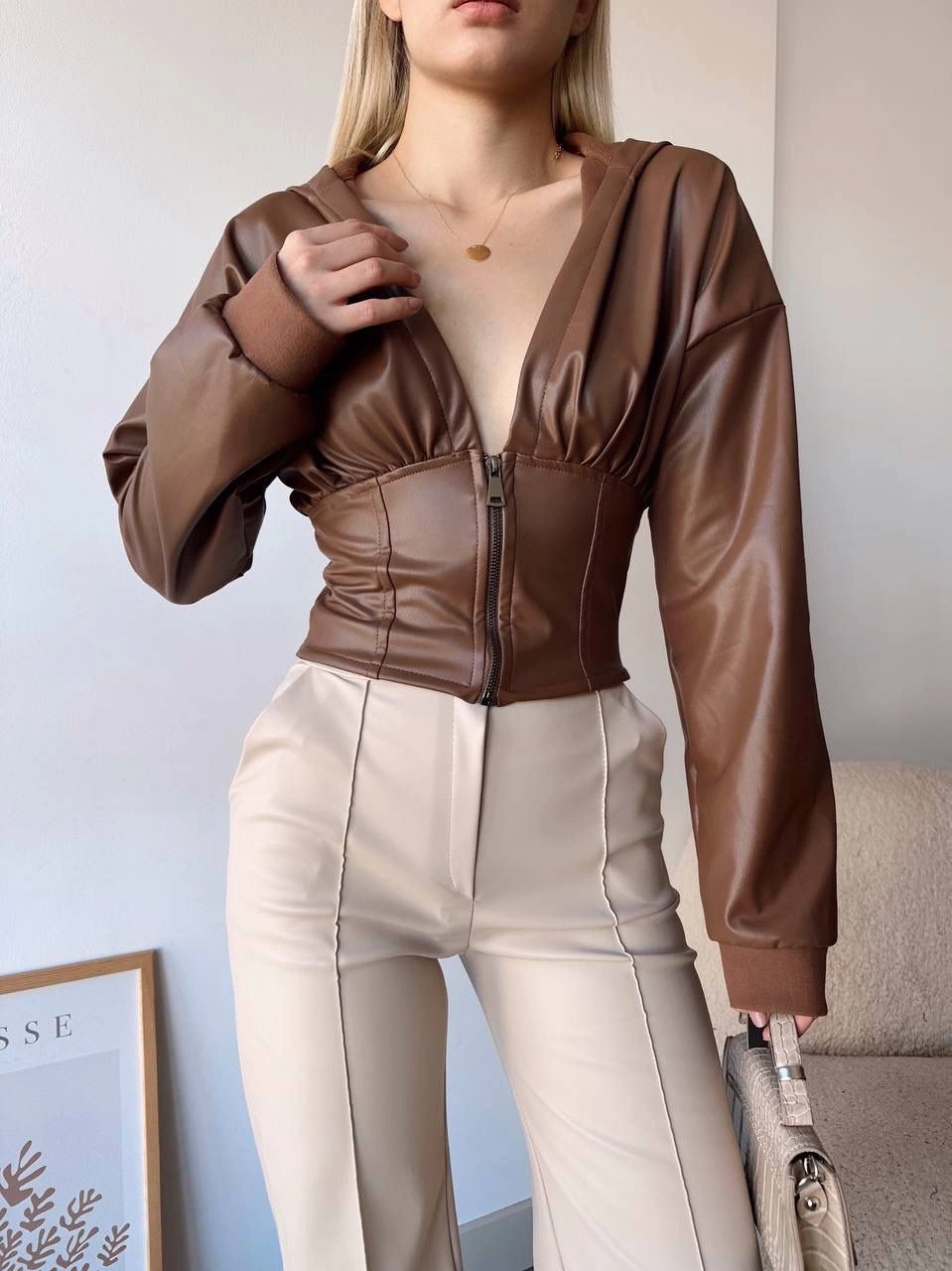 Kapşonlu Yarım Fermuarlı Ceket Kahve