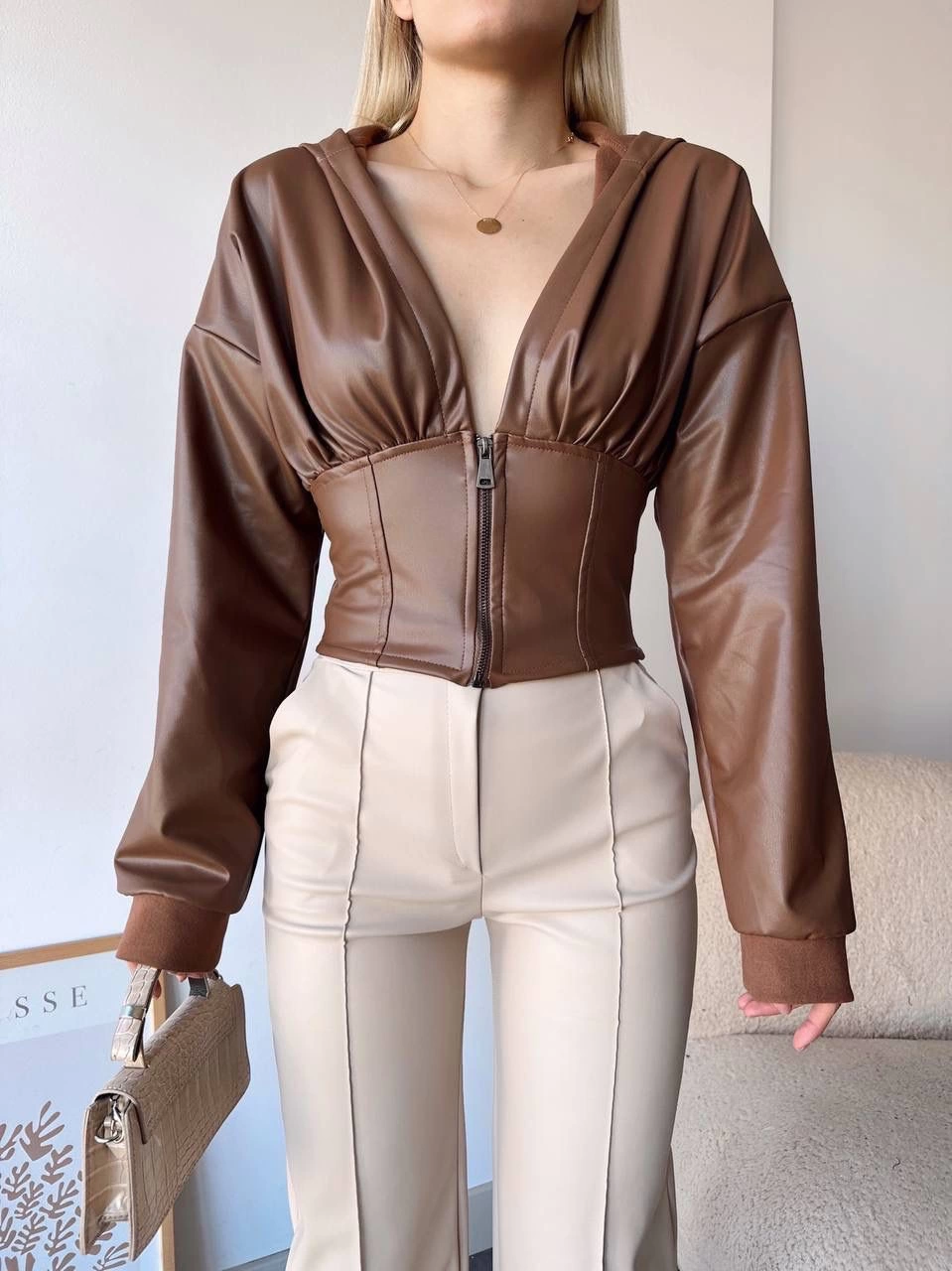 Kapşonlu Yarım Fermuarlı Ceket Kahve