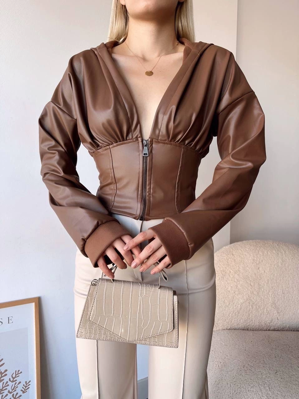 Kapşonlu Yarım Fermuarlı Ceket Kahve