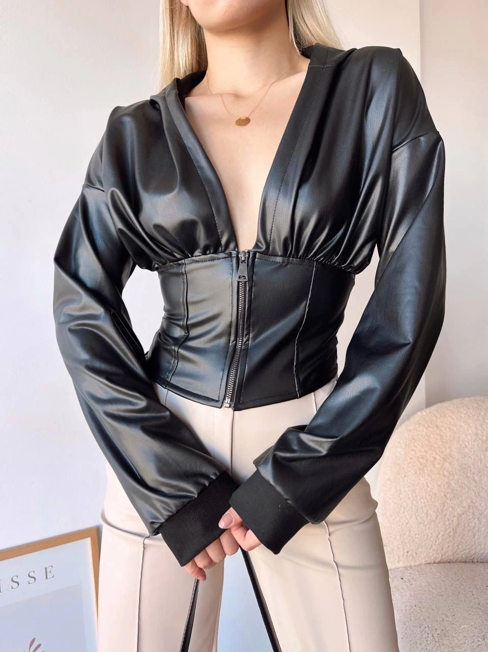 Kapşonlu Yarım Fermuarlı Ceket Siyah