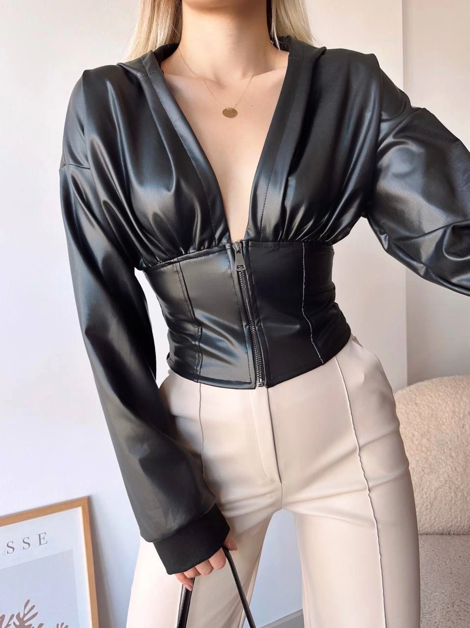 Kapşonlu Yarım Fermuarlı Ceket Siyah