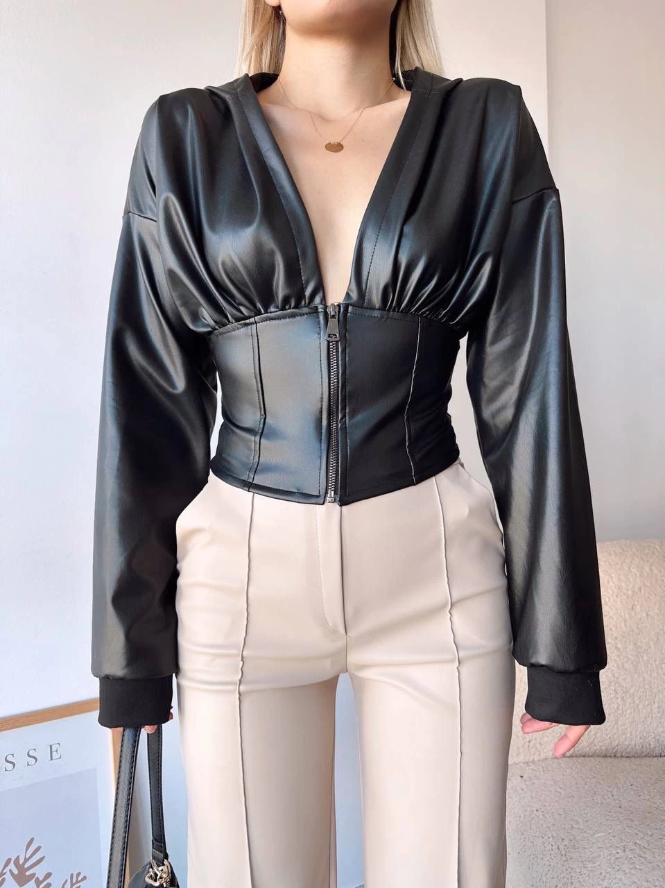 Kapşonlu Yarım Fermuarlı Ceket Siyah