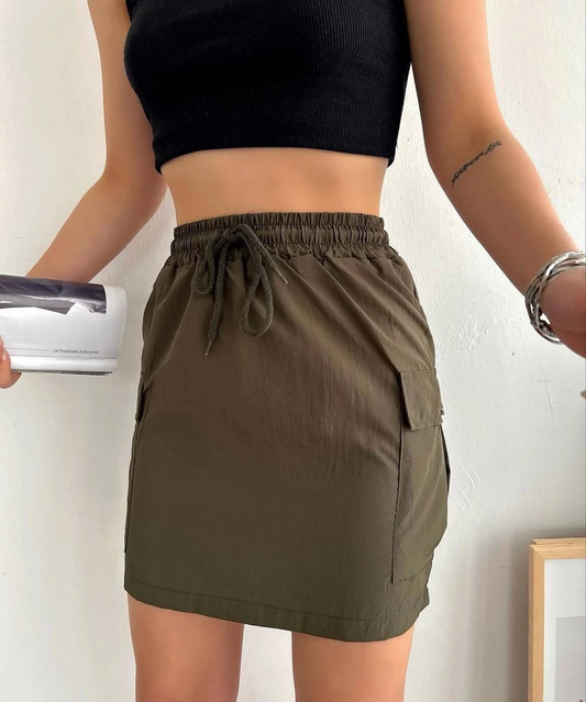 Cargo Pocket Thin Parachute Skirt Khaki
