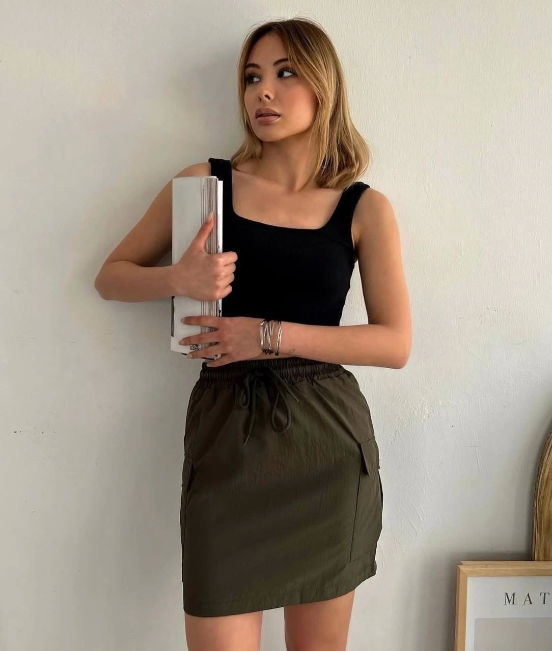 Cargo Pocket Thin Parachute Skirt Khaki