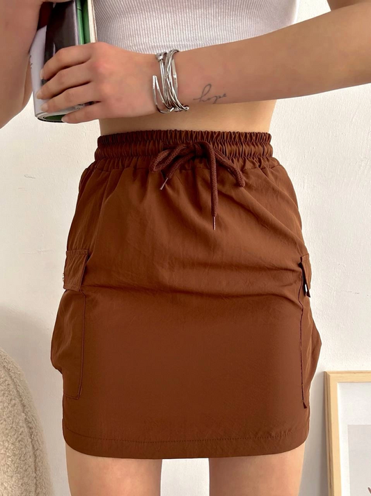 Cargo Pocket Thin Parachute Skirt Brown