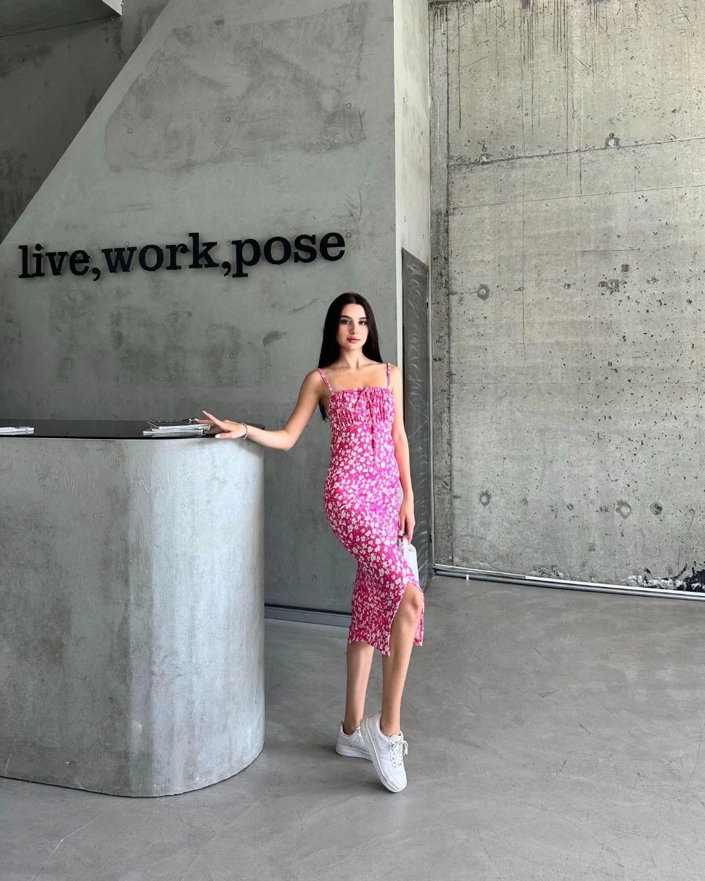 Kaşkorse Desenli Askılı Elbise Pembe