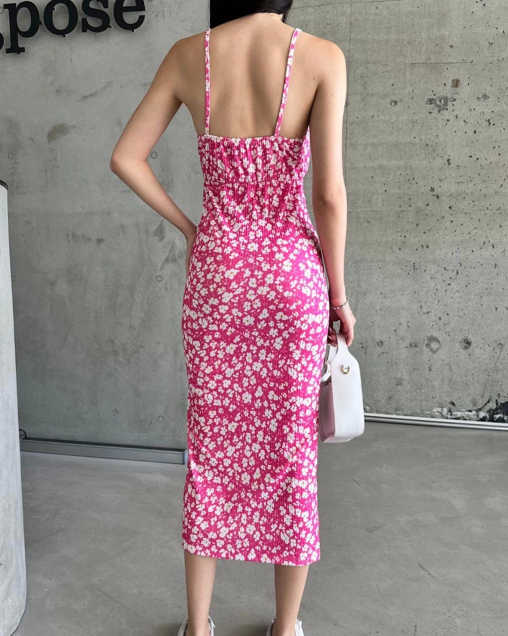 Kaşkorse Desenli Askılı Elbise Pembe