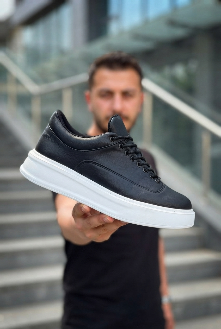 ZRK-X005 Yüksek Kalite Siyah Beyaz Bağcıklı Kalın Taban Erkek  Sneaker