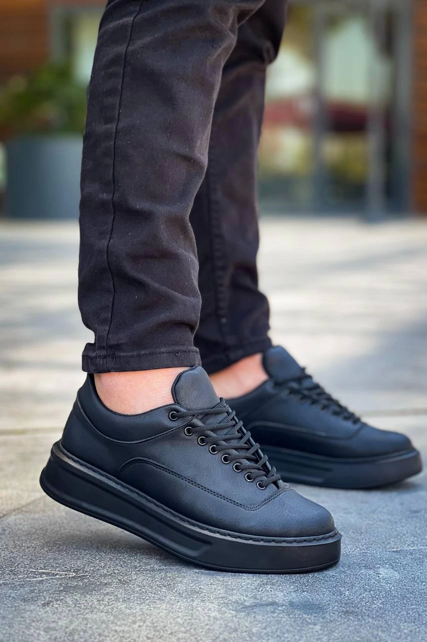 Premium Siyah Cilt Siyah Taban  Bağcıklı  Günlük Erkek  Ayakkabı